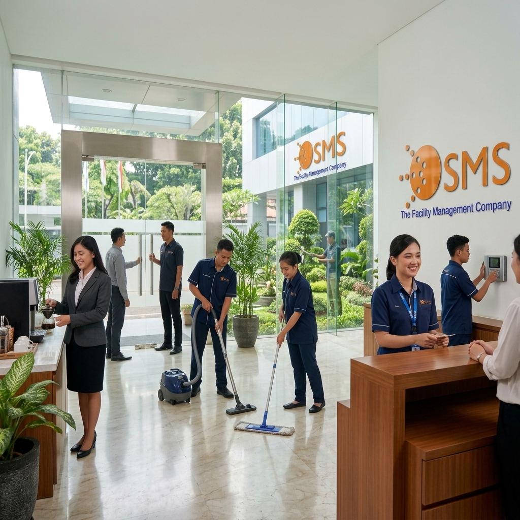 Petugas kebersihan profesional membersihkan kaca gedung perkantoran